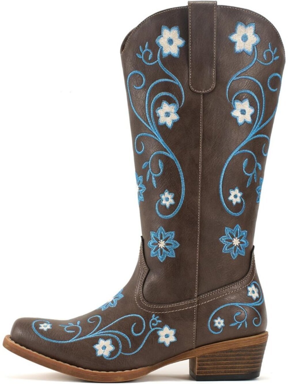 Women's Brown Faux Leather Mid Calf Western Cowgirl Snip Toe Chunky Heel Boots - Picture 4 of 6